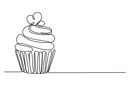 Minimalist continuous line drawing of a delicious cupcake with swirling frosting and a small heart on top vector