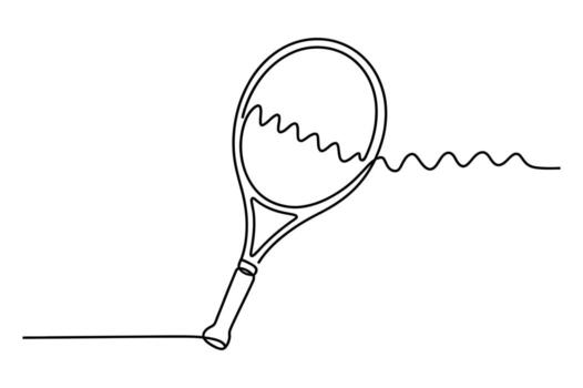 Minimalist continuous line drawing of a tennis racket with a wavy line representing a ball in motion vector