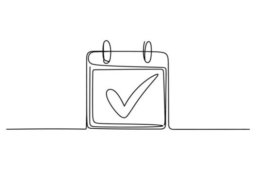 Simple continuous line drawing of a calendar page with a large checkmark symbolizing completion or a scheduled event vector