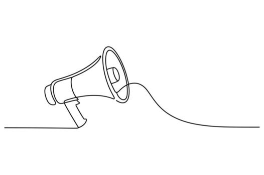 Minimalist single line drawing of a megaphone symbolizing communication announcement and public speaking on a white background vector