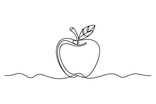 minimalista continuo línea dibujo de un Fresco manzana con un vástago y hoja en un ondulado suelo línea vector