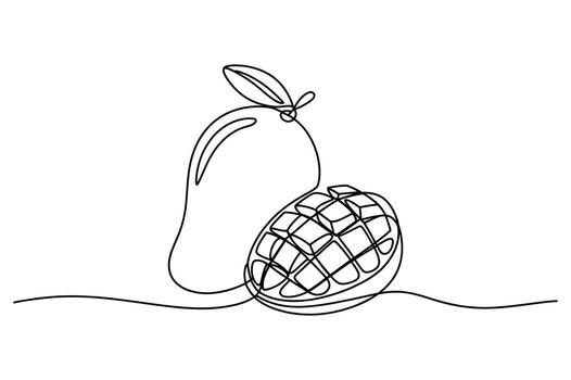 minimalista continuo línea dibujo de un todo mango y un reducido a la mitad mango con un hoja en un sencillo línea vector