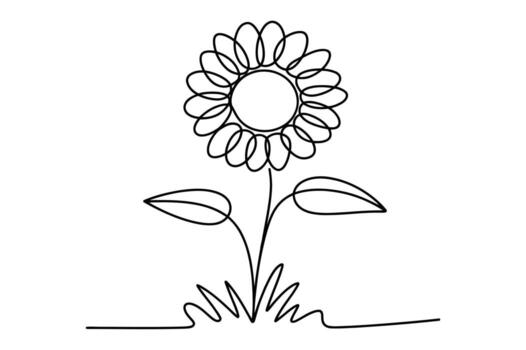 Minimalist continuous line drawing of a single sunflower in bloom with green leaves and grass on a white background vector
