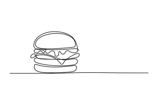 Minimalist continuous line drawing of a delicious cheeseburger on a white background with copy space vector
