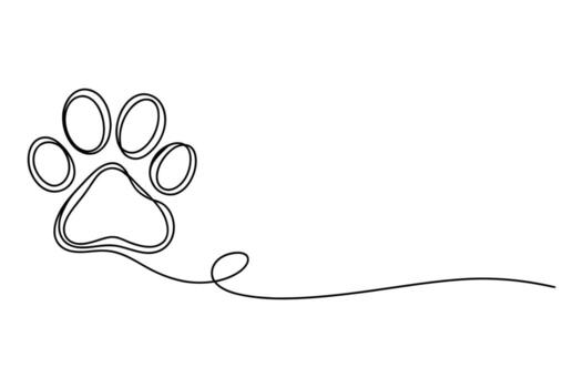 Minimalist single line drawing of a dog paw print with a flowing tail extending to the right on a white background vector
