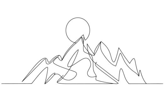 Minimalist continuous line drawing of a full moon rising behind jagged mountain peaks against a white background vector