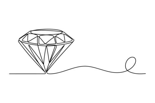 Elegant single line drawing of a sparkling faceted diamond gemstone with a flowing ribbon trail on a white background vector