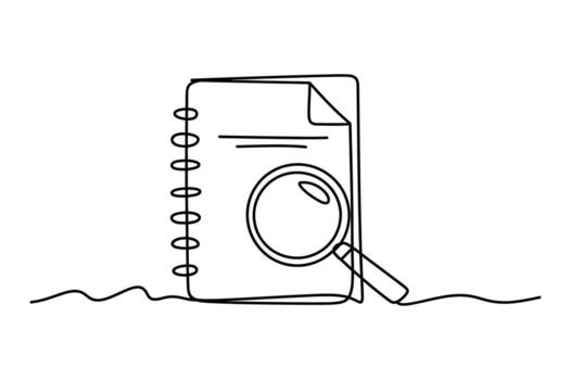 mano dibujado bosquejo de un cuaderno con un aumentador vaso examinando un documento simbolizando investigación y análisis vector