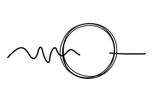 Abstract hand drawn wavy line entering a rough circular shape with a straight line extending from it vector