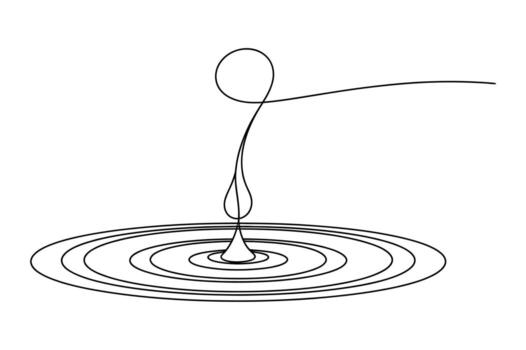 Abstract line art illustration of a single drop of liquid forming ripples on a flat surface with a looping strand above vector