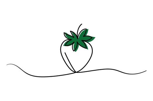 Minimalist single line drawing of a fresh strawberry with green leaves on a simple wavy line vector