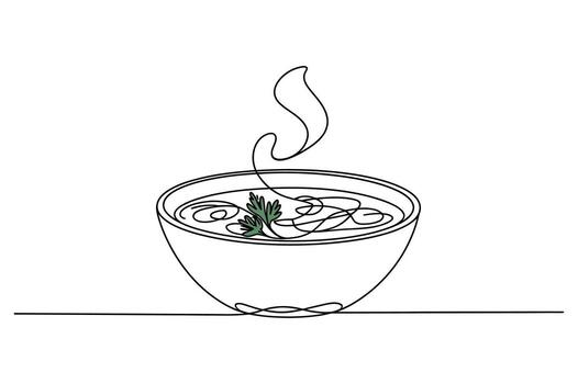 Simple line art drawing of a steaming bowl of soup with noodles and greens on a white background vector
