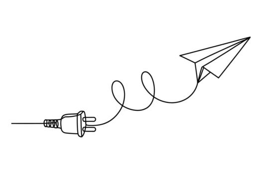 Conceptual illustration of a paper airplane taking flight with a power cord forming a whimsical spiral path vector
