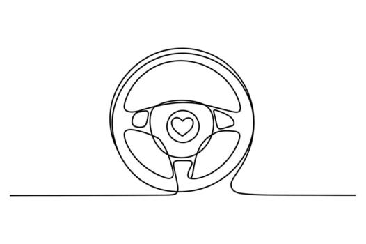 Minimalist continuous line drawing of a car steering wheel with a heart symbol in the center on a white background vector