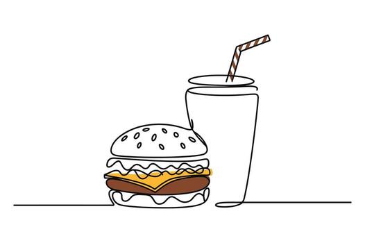 Minimalist continuous line drawing of a delicious cheeseburger with sesame seeds and a tall soda cup with a straw vector