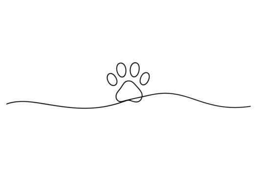 Minimalist single line drawing of a dog paw print centered on a flowing wavy line creating a simple elegant design vector