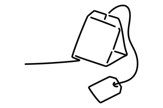 Minimalist hand drawn line art illustration of a tea bag with string and tag on a white background vector