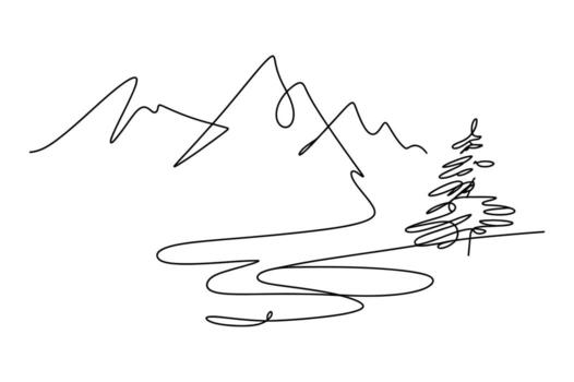 Minimalist continuous line drawing of a winding mountain road leading towards a majestic snow capped peak with a solitary evergreen tree vector