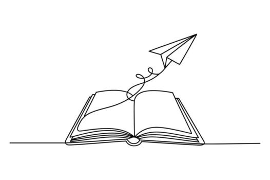 continuo línea dibujo de un abierto libro con un papel avión tomando vuelo desde sus paginas simbolizando imaginación y aprendizaje vector