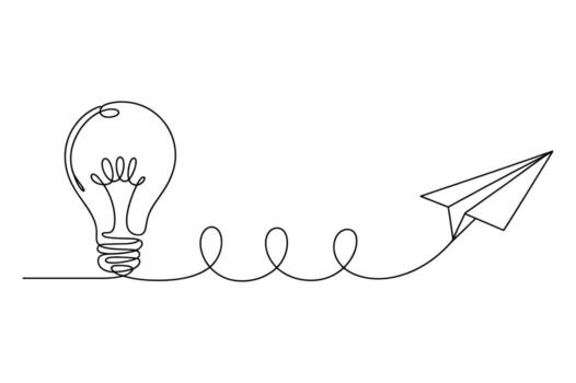 soltero continuo línea dibujo de un ligero bulbo conectado por un primavera a un papel avión simbolizando creatividad y innovación vector