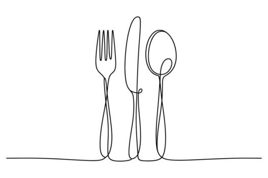 Minimalist single line drawing of a fork knife and spoon arranged vertically on a white background representing dining and food vector