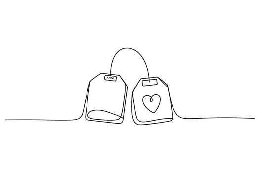 Minimalist continuous line drawing of two tea bags with a string connecting them and a heart on one bag vector