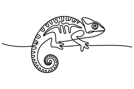 Minimalist continuous line drawing of a chameleon perched on a branch showcasing its unique coiled tail and textured body vector