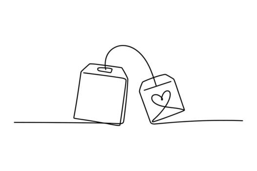 Minimalist continuous line drawing of two tea bags connected by a string with one featuring a simple heart symbol vector
