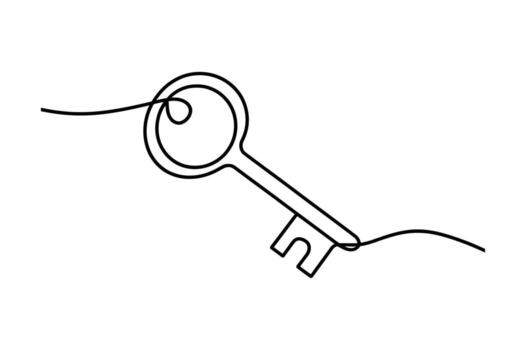 Minimalist continuous line drawing of an antique key with a swirling loop and a simple bit on a white background vector
