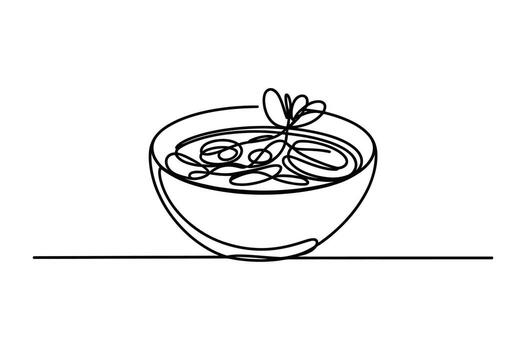 Minimalist continuous line drawing of a bowl of soup with garnish and a simple horizontal line vector