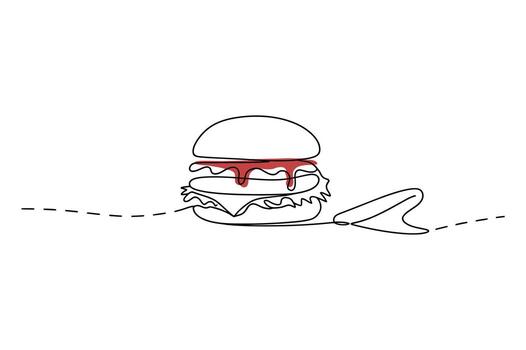 caprichoso mano dibujado bosquejo de un delicioso hamburguesa con goteo salsa de tomate y un cuchara en un rayado línea vector