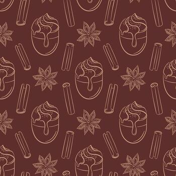 Seamless pattern with cinnamon stick star anise and coffee cup topped with cream and spice in line art style. Ideal for delivery package, bakery wallpaper and spice shop background. vector