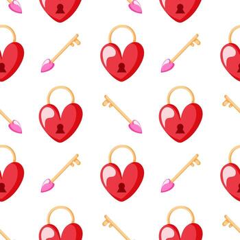 sin costura modelo con rojo corazón candado y dorado llave con rosado corazón simbolizando amor romance y conexión en un blanco antecedentes en plano estilo. vector