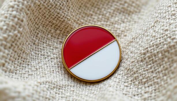 A round enamel pin featuring a red and white diagonal design with a golden border rests on a textured fabric surface photo