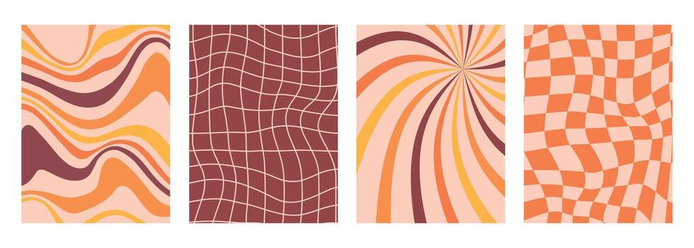 conjunto de cuatro retro resumen antecedentes presentando ondulado líneas, distorsionado rejillas, remolino estalla, y tablero de damas patrones en calentar inspirado en los 70 tonos vector