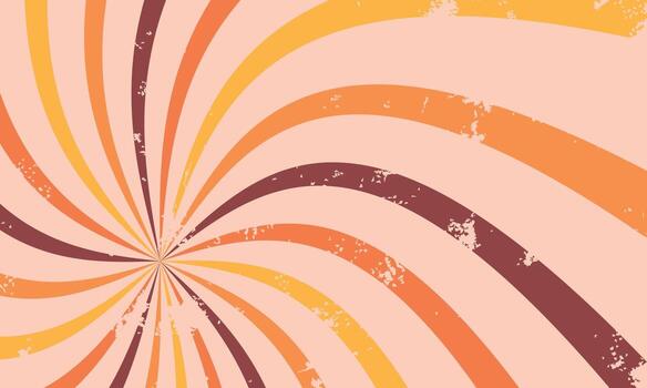 Retro spiral background with warm orange, yellow, and brown swirl lines in a distressed 70s style with grunge texture vector