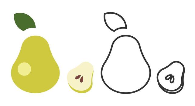 A collection of pear fruit illustrations includes a whole pear, half a pear, and line icons. These designs represent fresh fruit with clear detailing for graphic use or inspiration. vector