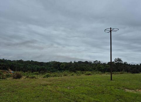 A wide stretch of open land with patches of green grass under a calm, partly cloudy sky, bordered by a line of trees that adds a touch of natural beauty photo