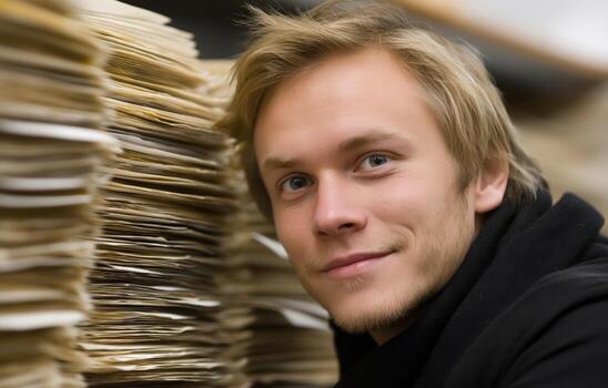 Young man sorting a large stack of papers under industrial lighting photo