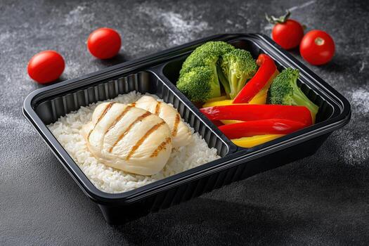 Healthy meal prep container with grilled chicken, rice, and vibrant vegetables viewed from above on stone surface photo