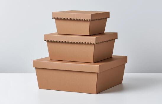 Stack of brown cardboard shipping boxes arranged neatly on a clean white background, perfect for storage or eco-friendly packaging needs photo