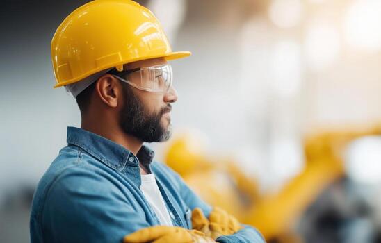 Asian factory assembly line with articulated robotic arms supervised by workers in safety gear photo