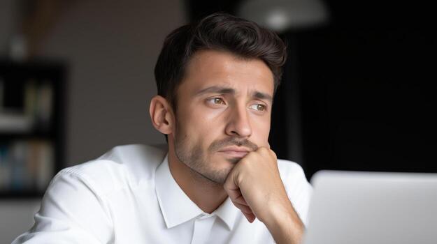 Young male software developer in thoughtful moment while working on laptop at office desk in modern workspace photo