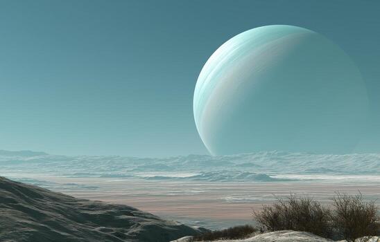 Huge planet emerging over frozen mountains on an alien world during twilight photo