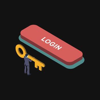 Man in suit holding key near large red login button on black background. vector