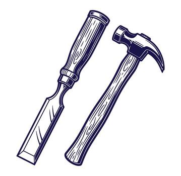 detallado ilustración de un martillo y cincel presentando grano de madera y intrincado línea Arte vector