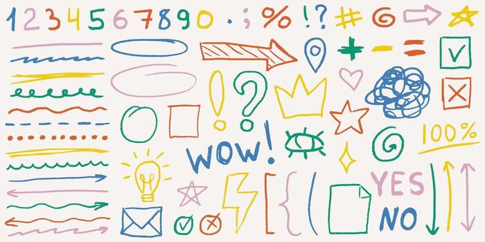 Funky multi colored crayon drawn lines and messy scribbles with playful scrawls, grainy texture, doodled stars and crowns, chaotic strokes and quirky shapes. vector