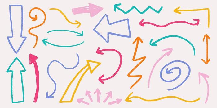 Colorful chalk pencil arrows with hand drawn sketch lines, crayon texture and scribble swirls, grunge texture and doodle direction pointers. vector