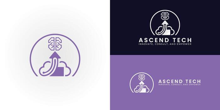 The Consulting and Tech logo symbolizes cloud-powered intelligence and growth. The logo combines a brain, a cloud, and an upward arrow into one sleek, modern design. vector