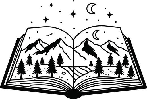 An open book with mountains and trees in the background vector
